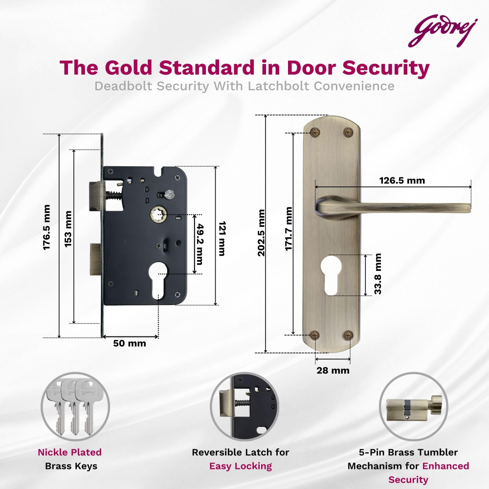 Godrej Mortise Lock I Handle Set 1CK EM02 I 6-Lever Lock I 3 Keys I Double Throw I 5